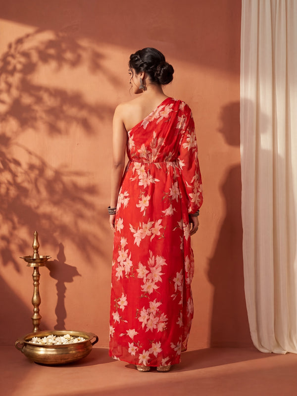Red Floral One Shoulder Draped Kaftan Dress with Embellished mirror belt detailing