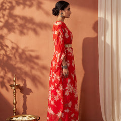 Red Floral One Shoulder Draped Kaftan Dress with Embellished mirror belt detailing