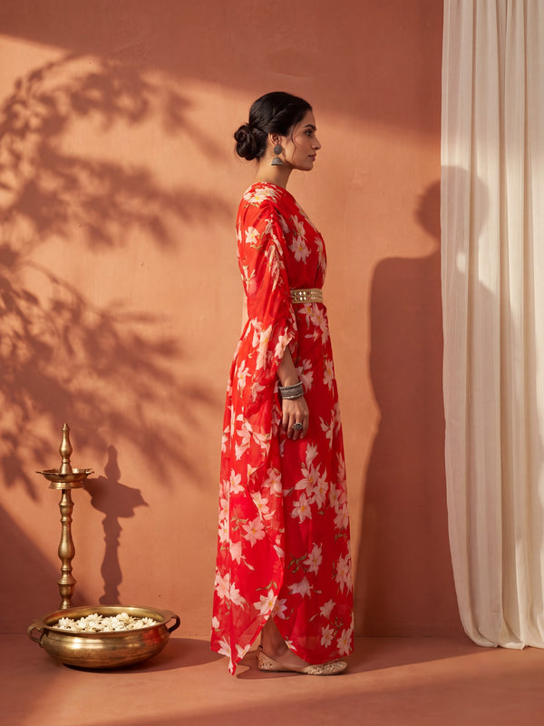Red Floral One Shoulder Draped Kaftan Dress with Embellished mirror belt detailing