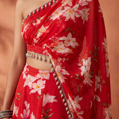 Red Floral Skirt Set with Crsytal Embellished  Tube Blouse & Attached Dupatta