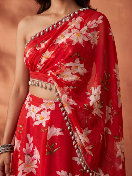 Red Floral Skirt Set with Crsytal Embellished  Tube Blouse & Attached Dupatta