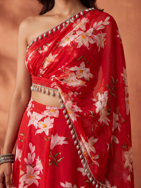 Red Floral Skirt Set with Crsytal Embellished  Tube Blouse & Attached Dupatta