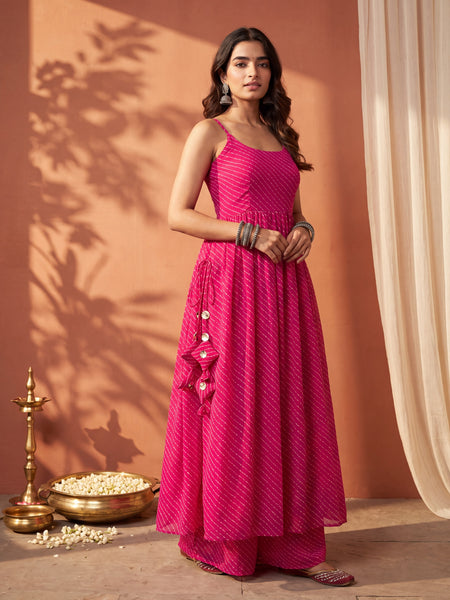 Pink Leheriya Elegant Kurti Palazzo Set