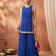 Blue Leheriya Short Kurta with Pallazo 3 Pc Set