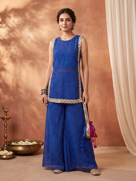 Blue Leheriya Short Kurta with Pallazo 3 Pc Set
