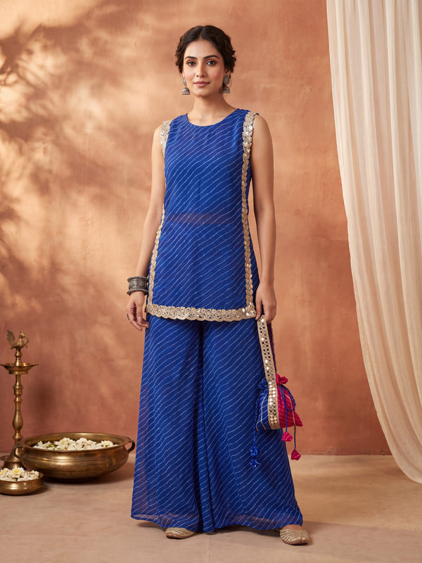 Blue Leheriya Short Kurta with Pallazo 3 Pc Set