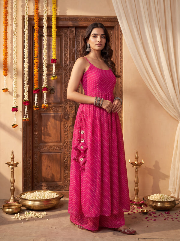 Pink Leheriya Elegant Kurti Palazzo Set