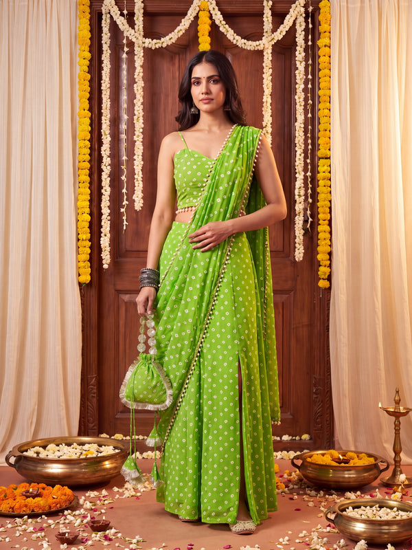 Green Bandhani Multi-Styling Lehenga Saree