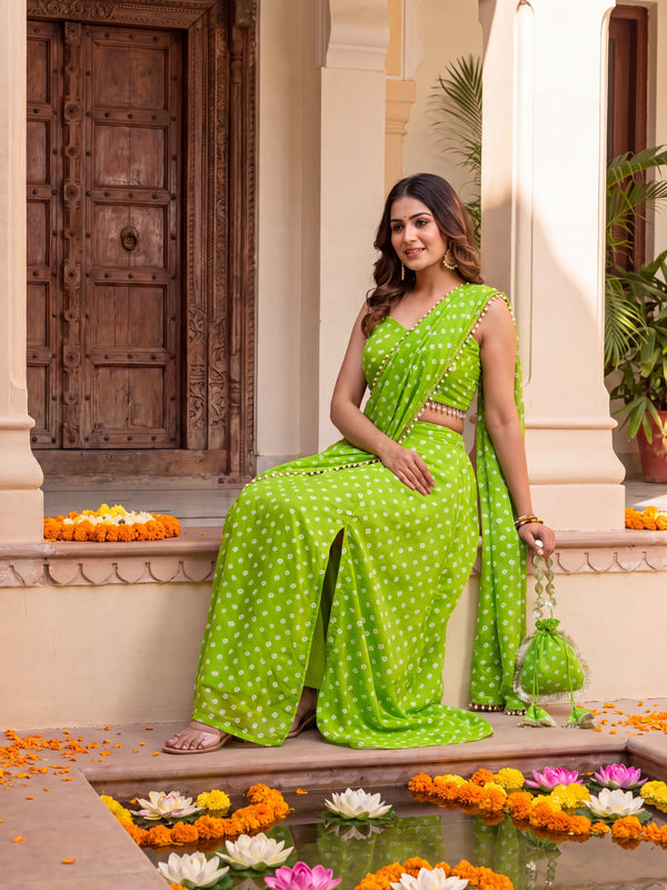Green Bandhani Multi-Styling Lehenga Saree