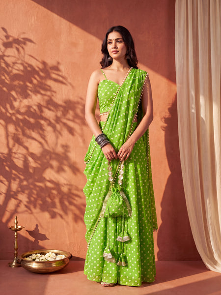 Green Bandhani Multi-Styling Lehenga Saree