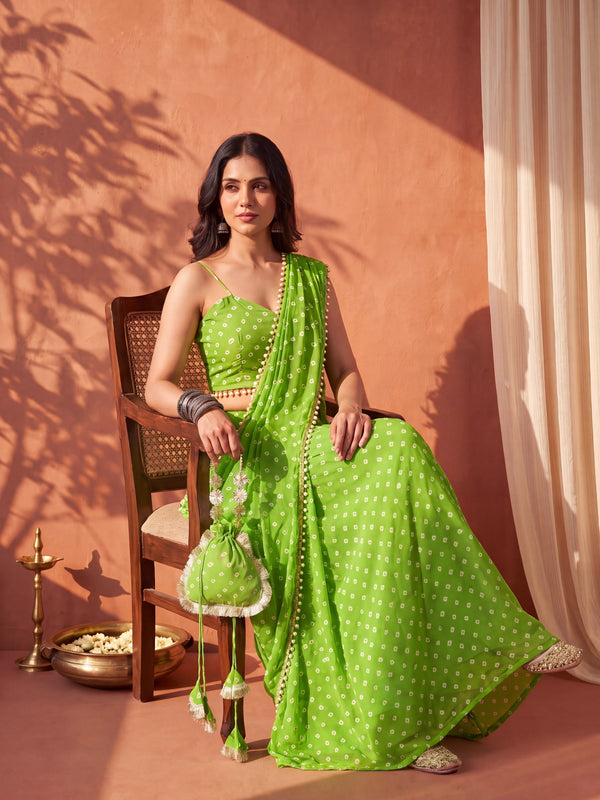 Green Bandhani Multi-Styling Lehenga Saree