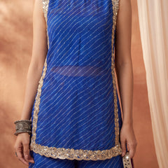 Blue Leheriya Short Kurta with Pallazo 3 Pc Set