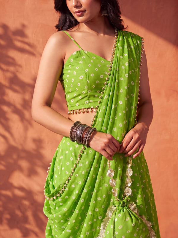 Green Bandhani Multi-Styling Lehenga Saree