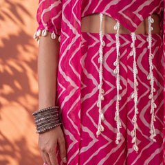 Fuschia Pink Printed  Cape Set with Halter Choli and Pallazo