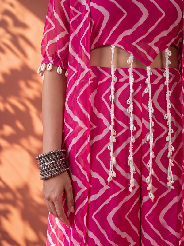 Fuschia Pink Printed  Cape Set with Halter Choli and Pallazo