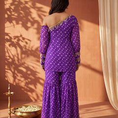 Purple Bandhani One-Shoulder Multi Styling  Kurti Set With Dupatta