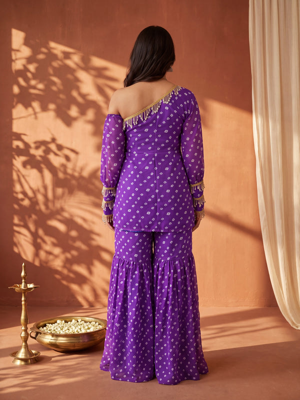 Purple Bandhani One-Shoulder Multi Styling  Kurti Set With Dupatta