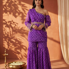 Purple Bandhani One-Shoulder Multi Styling  Kurti Set With Dupatta
