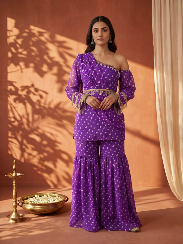 Purple Bandhani One-Shoulder Multi Styling  Kurti Set With Dupatta