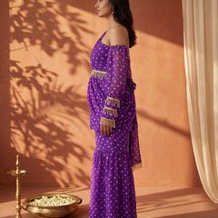 Purple Bandhani One-Shoulder Multi Styling  Kurti Set With Dupatta