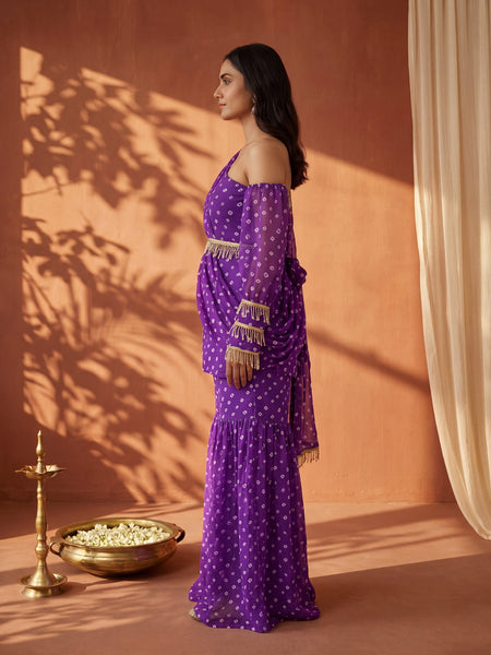 Purple Bandhani One-Shoulder Multi Styling  Kurti Set With Dupatta