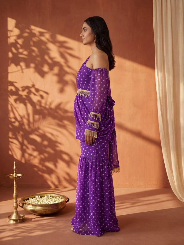 Purple Bandhani One-Shoulder Multi Styling  Kurti Set With Dupatta