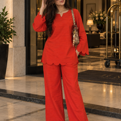 Red Scalloped Rayon Co-Ord Set