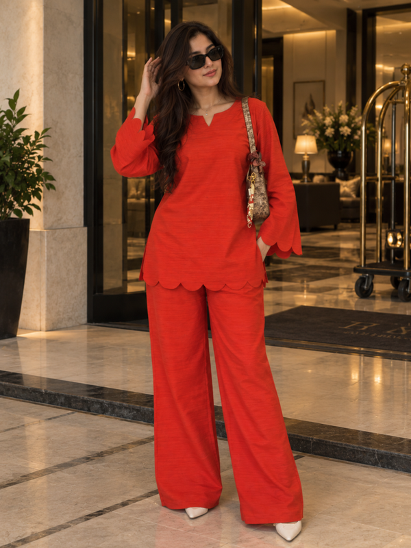 Red Scalloped Rayon Co-Ord Set