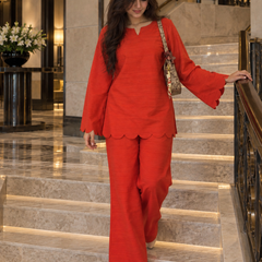 Red Scalloped Rayon Co-Ord Set