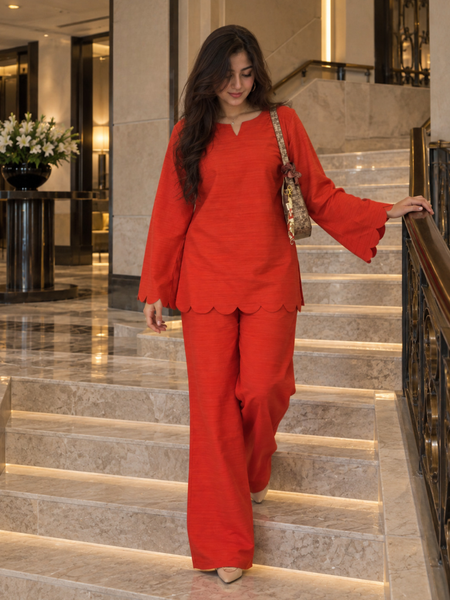 Red Scalloped Rayon Co-Ord Set