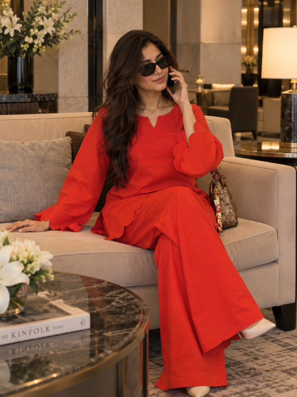 Red Scalloped Rayon Co-Ord Set