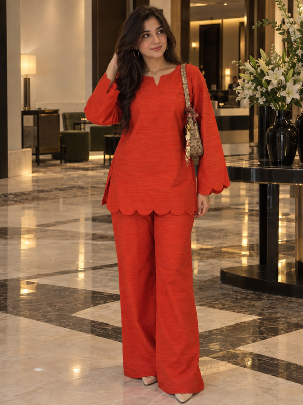 Red Scalloped Rayon Co-Ord Set