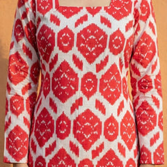 Women Red Ikkat Printed Cotton Full Sleeve Kurti with Lace-Up Back