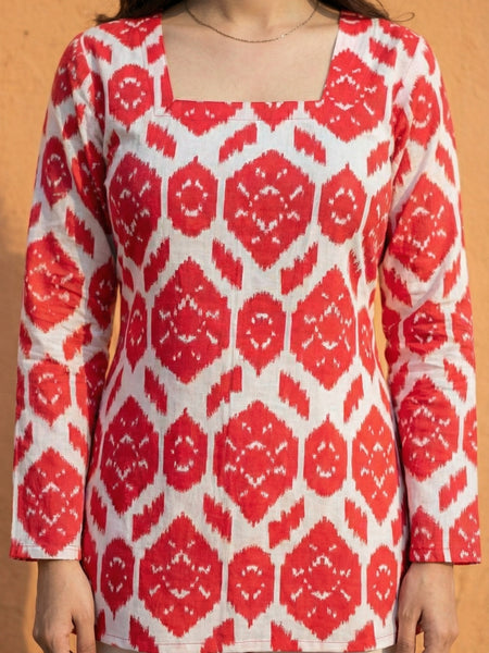Women Red Ikkat Printed Cotton Full Sleeve Kurti with Lace-Up Back