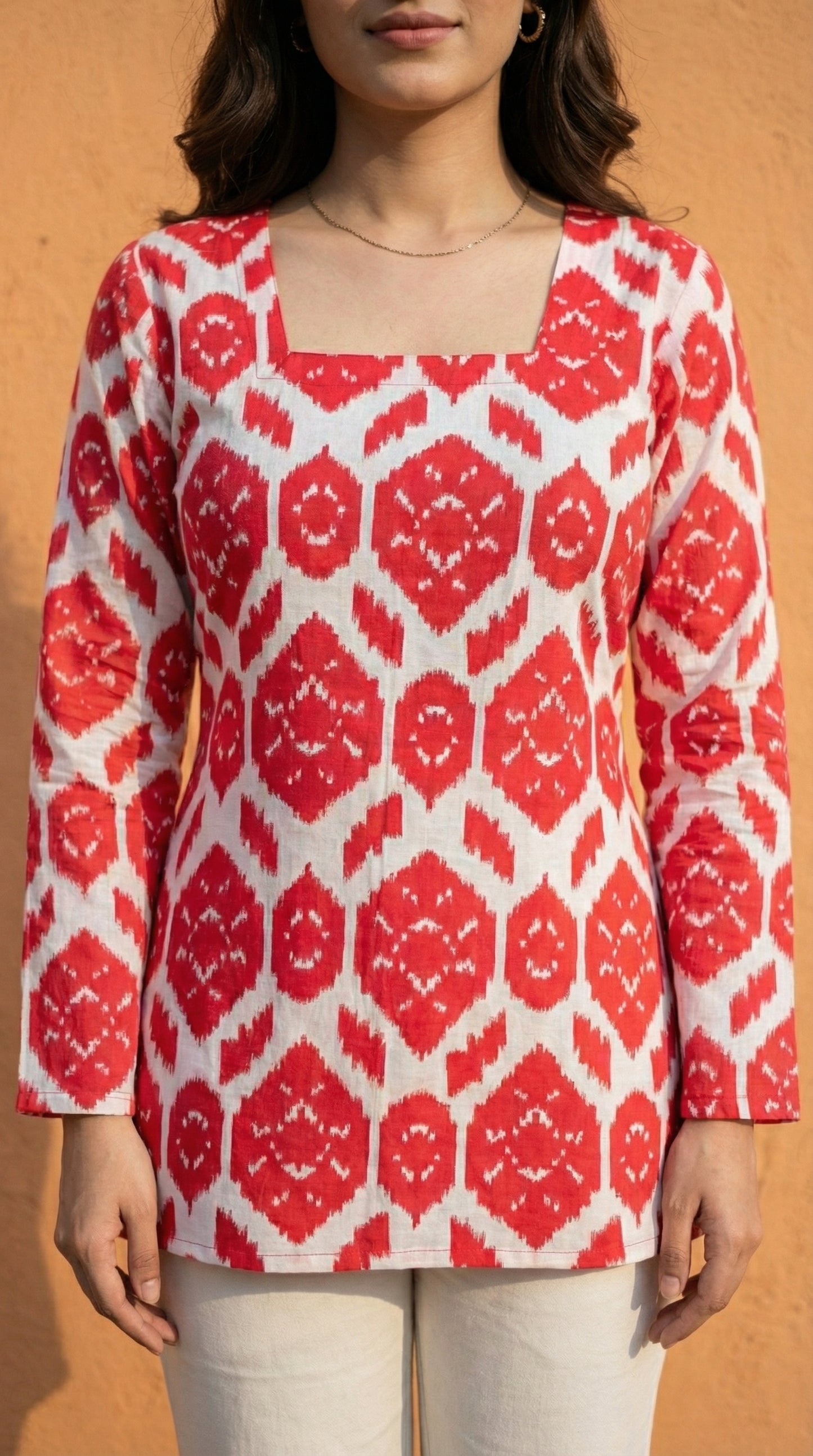 Women Red Ikkat Printed Cotton Full Sleeve Kurti with Lace-Up Back