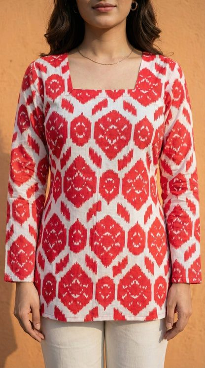 Women Red Ikkat Printed Cotton Full Sleeve Kurti with Lace-Up Back