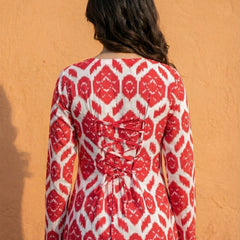Women Red Ikkat Printed Cotton Full Sleeve Kurti with Lace-Up Back