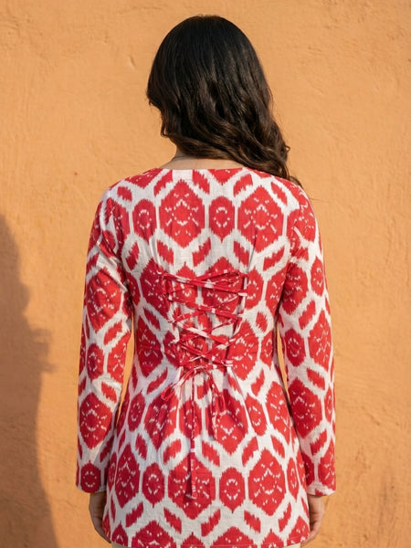 Women Red Ikkat Printed Cotton Full Sleeve Kurti with Lace-Up Back
