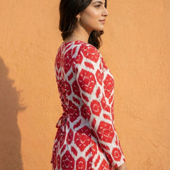 Women Red Ikkat Printed Cotton Full Sleeve Kurti with Lace-Up Back