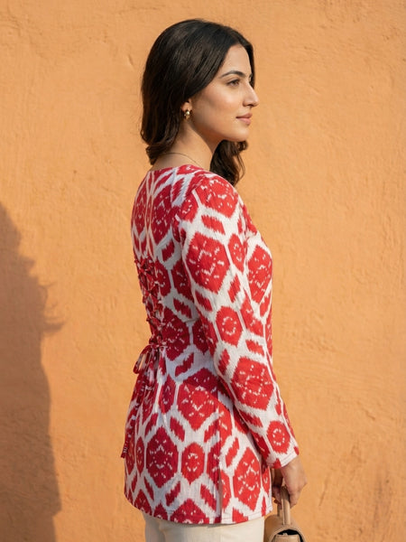Women Red Ikkat Printed Cotton Full Sleeve Kurti with Lace-Up Back