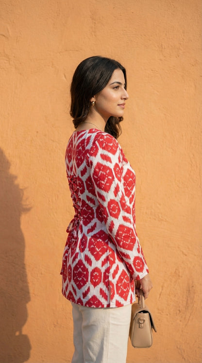 Women Red Ikkat Printed Cotton Full Sleeve Kurti with Lace-Up Back