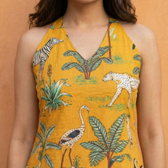 Women Mustard Forest Printed Cotton Halter Neck Short Kurti