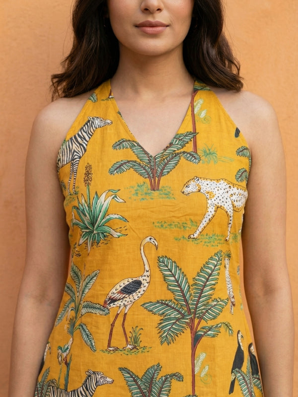 Women Mustard Forest Printed Cotton Halter Neck Short Kurti