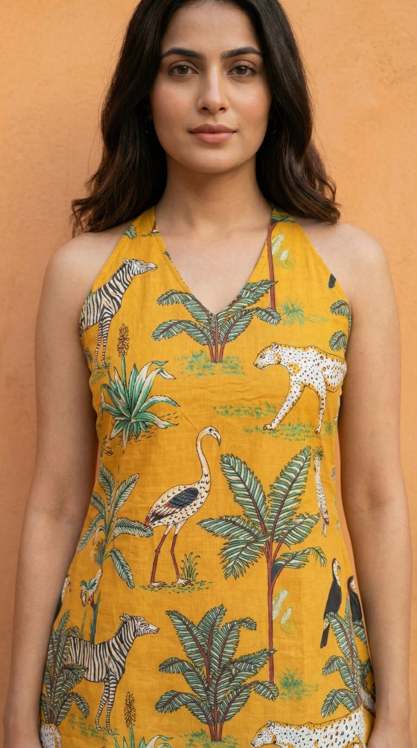Women Mustard Forest Printed Cotton Halter Neck Short Kurti
