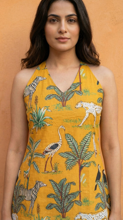 Women Mustard Forest Printed Cotton Halter Neck Short Kurti