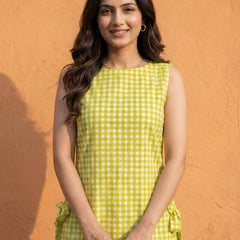 Women Lime Green Checked Cotton Kurti with Side Tie-Up Belts