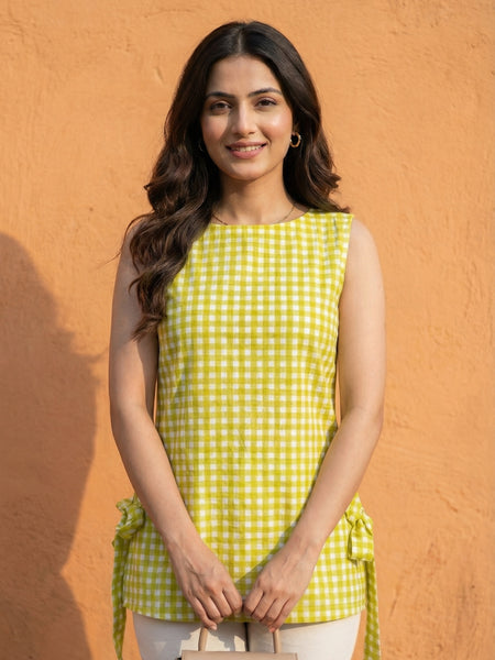 Women Lime Green Checked Cotton Kurti with Side Tie-Up Belts