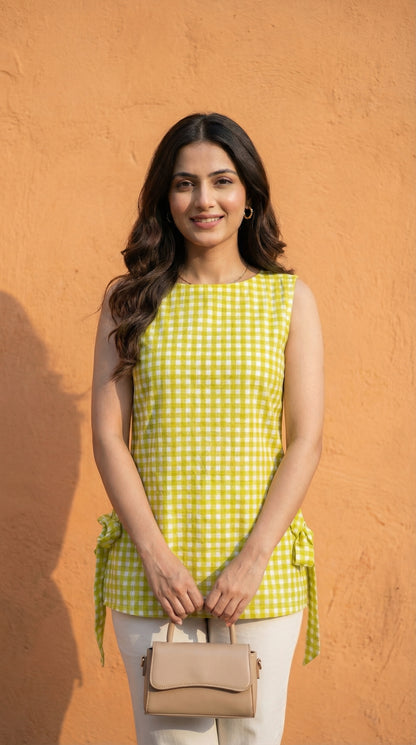 Women Lime Green Checked Cotton Kurti with Side Tie-Up Belts