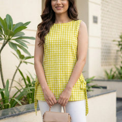 Women Lime Green Checked Cotton Kurti with Side Tie-Up Belts