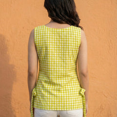 Women Lime Green Checked Cotton Kurti with Side Tie-Up Belts